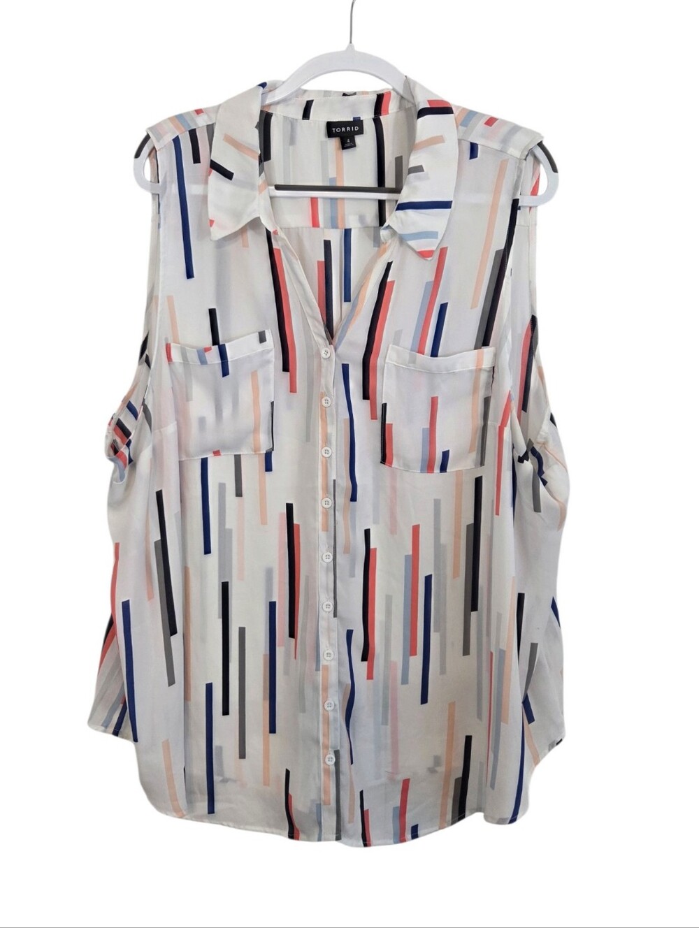 Torrid Stripe V-Neck Sleeveless Blouse White Black Blue Pink Size 4 Button Down